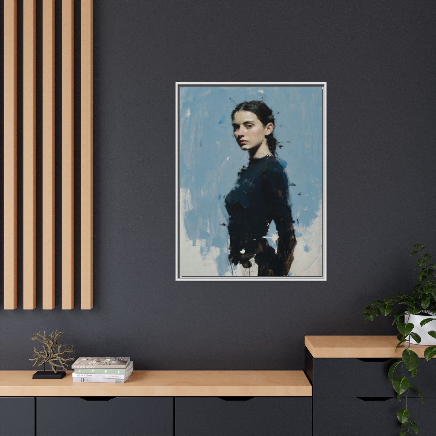 Framed Matte Canvas Portrait Print — Elegant Blue Woman Art
