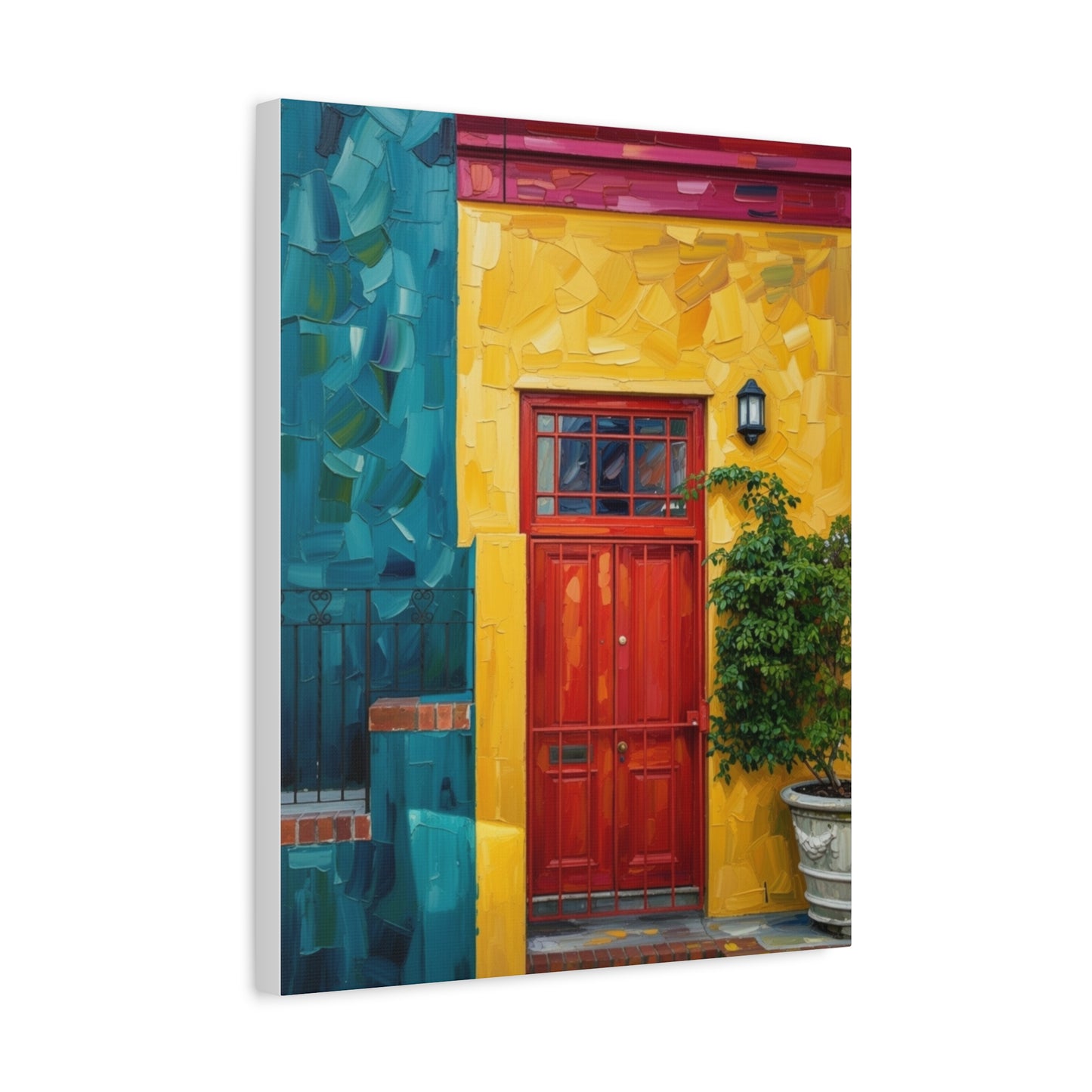 Colorful Doorway Canvas Wall Art — Vibrant Yellow & Teal Street Scene, Matte Stretched Print