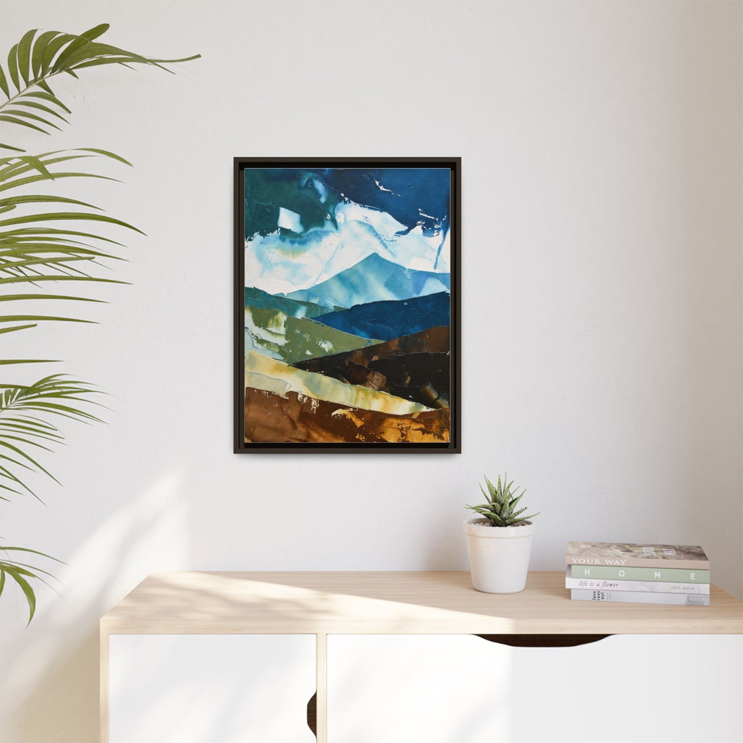 Framed Abstract Mountain Canvas Art — Blue & Earthtone Landscape Print