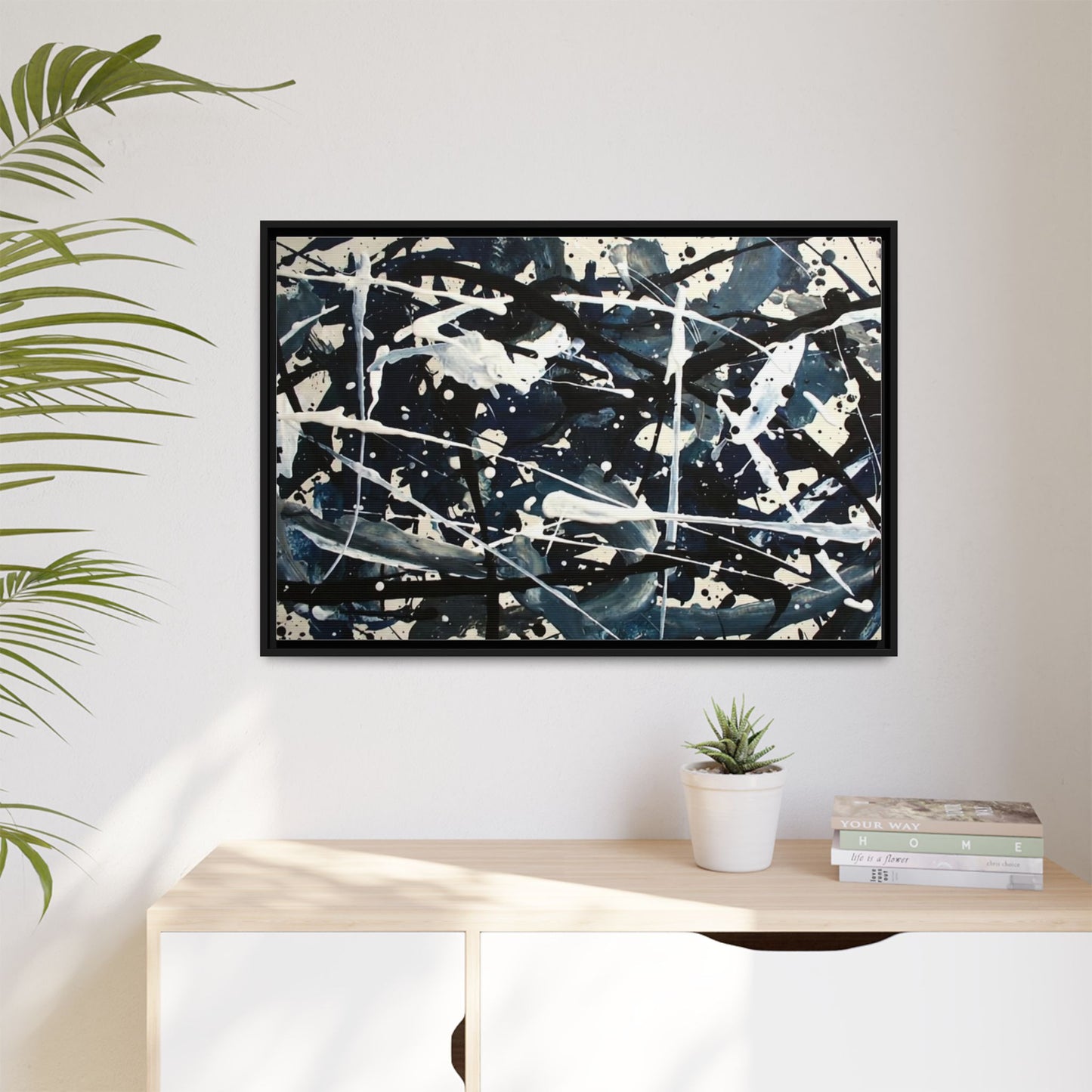 Abstract Splatter Matte Canvas Framed Wall Art — Black & Blue Modern Art Print