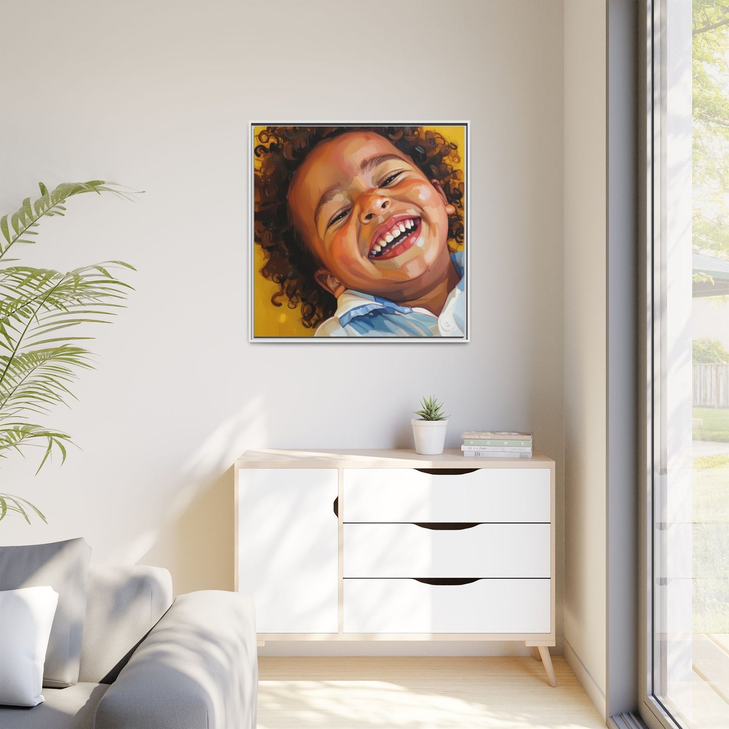 Framed Matte Canvas Print – Joyful Child Portrait, Colorful Nursery Wall Art