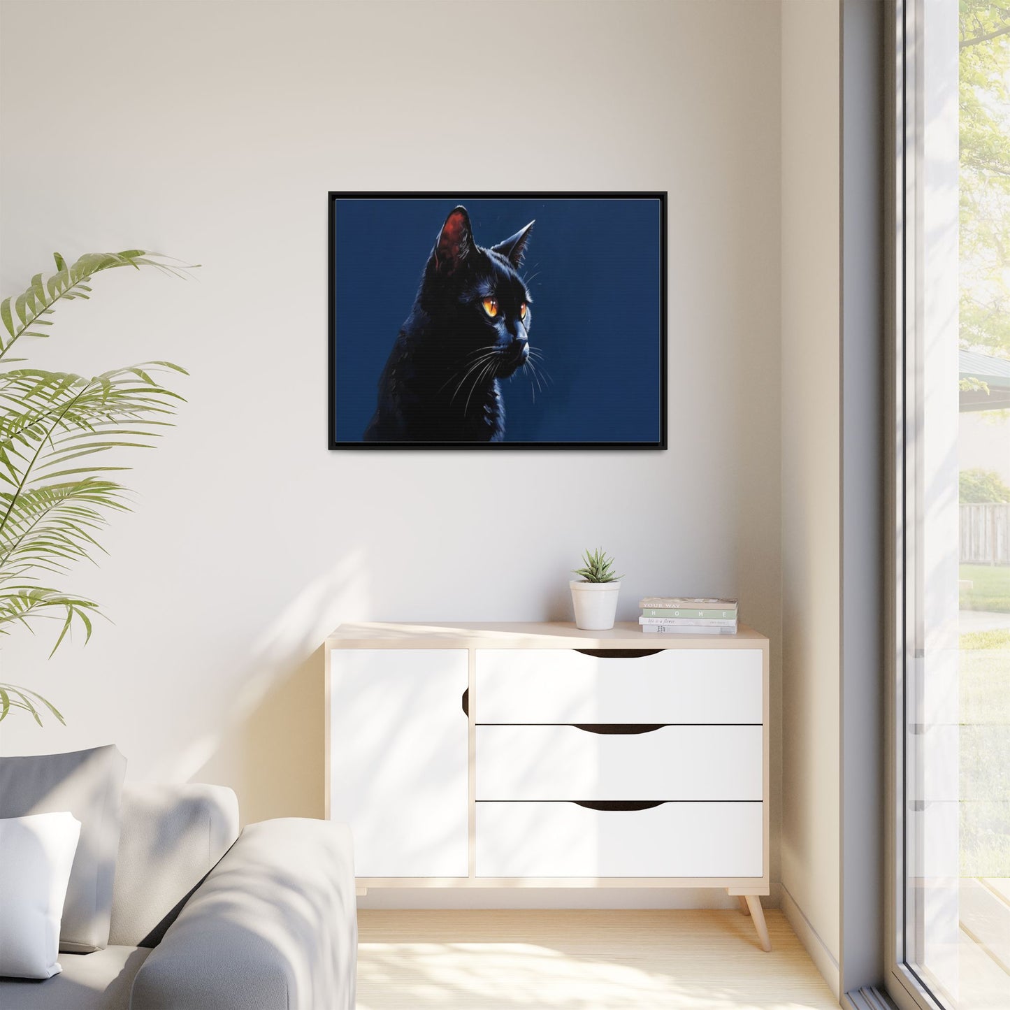 Black Cat Portrait Matte Canvas Framed Wall Art — Dramatic Feline Photo Print
