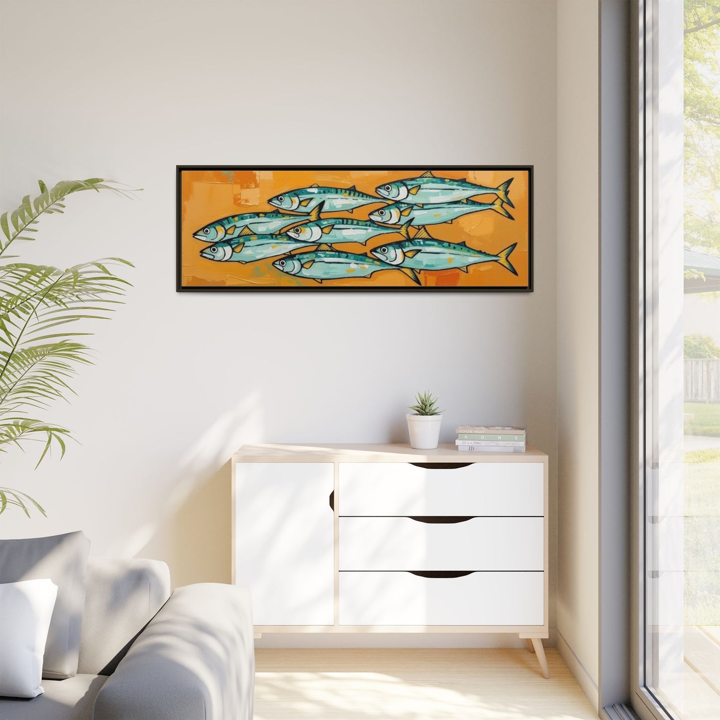Framed Matte Canvas Print — School of Blue Fish on Orange Abstract Background