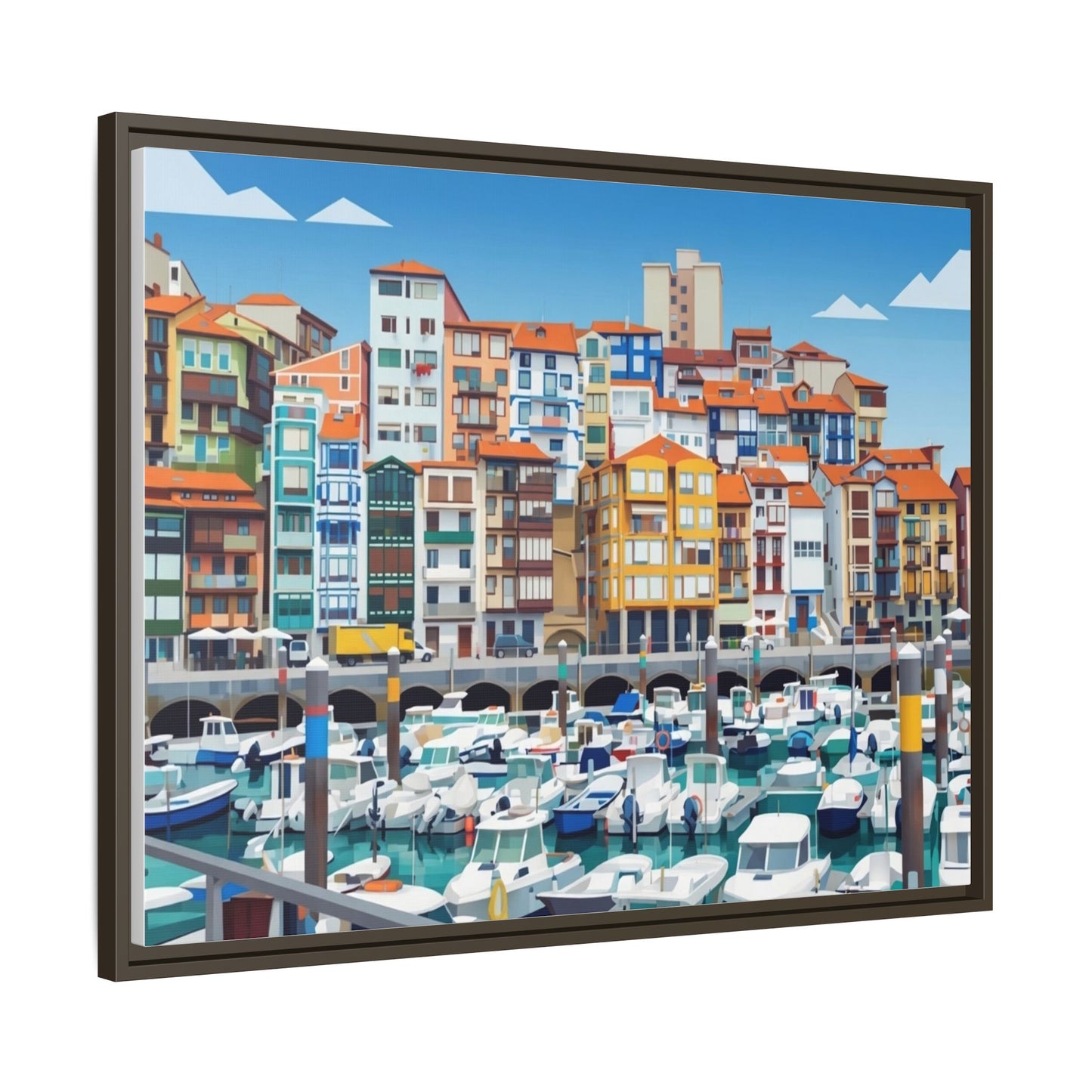 Framed Matte Canvas Print — Colorful Mediterranean Harbor Illustration