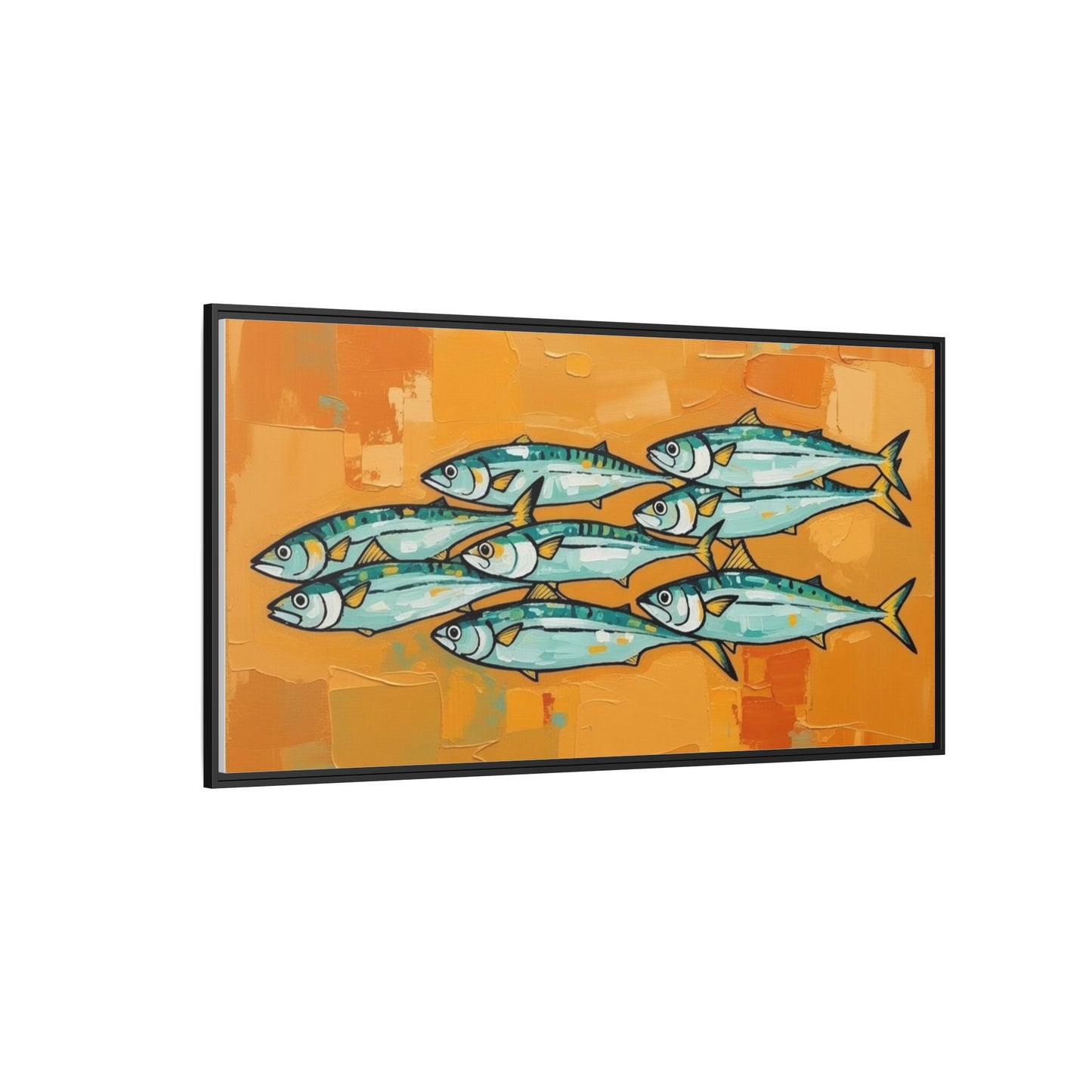 Framed Matte Canvas Print — School of Blue Fish on Orange Abstract Background