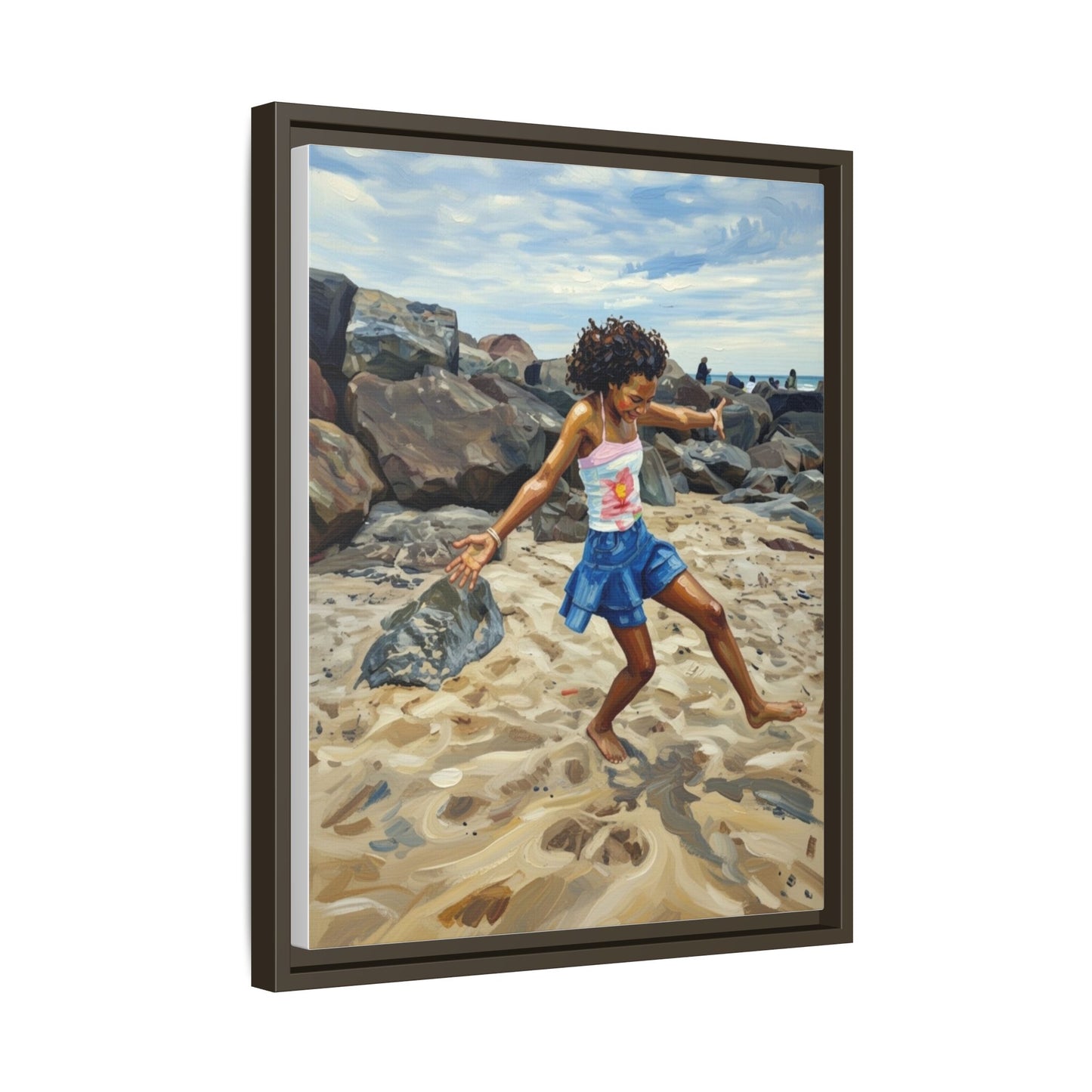 Framed Canvas Art - Girl Dancing on the Beach (Matte Multi-Color)