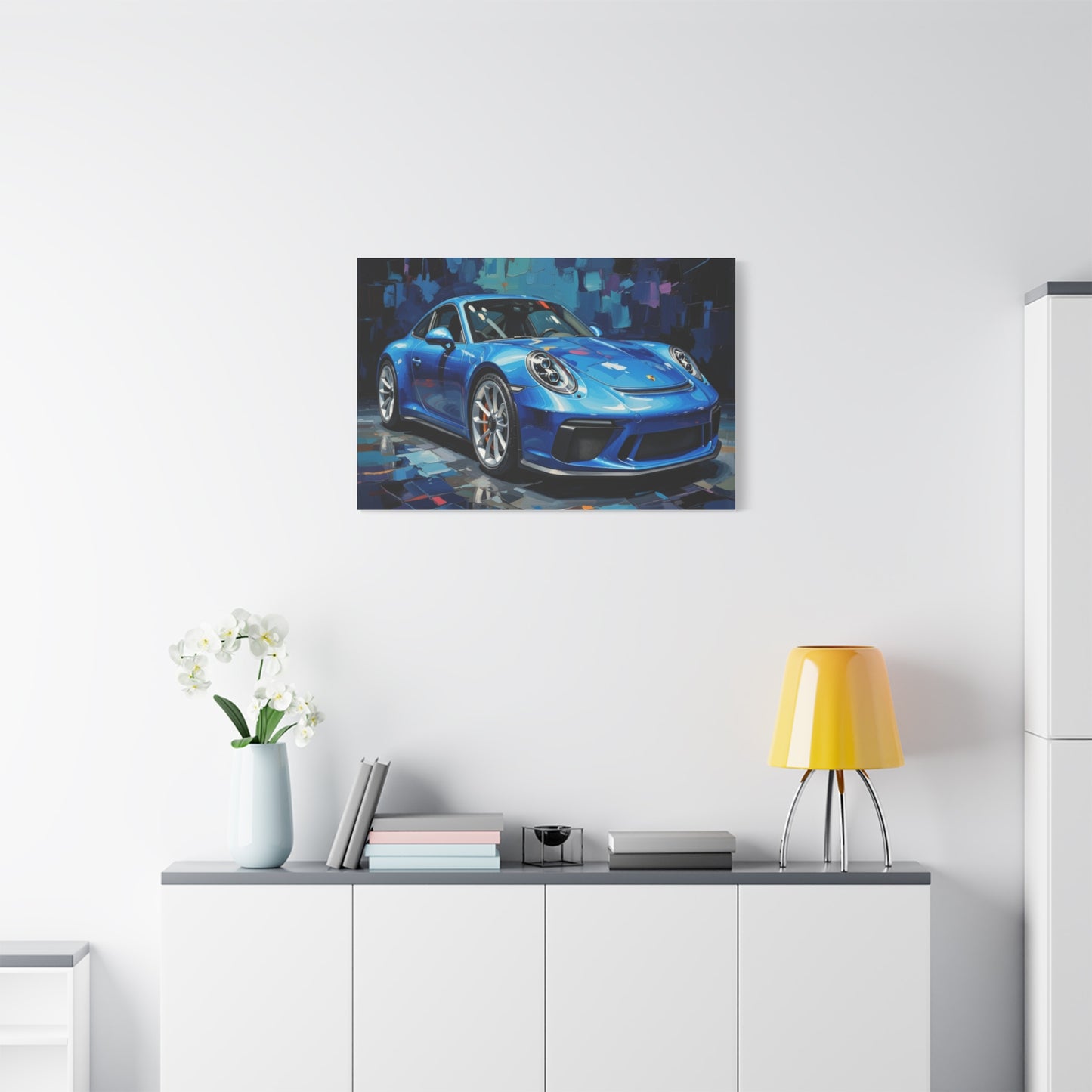 Blue Sports Car Canvas Wall Art — Modern Automotive Painting on Stretched Matte Canvas