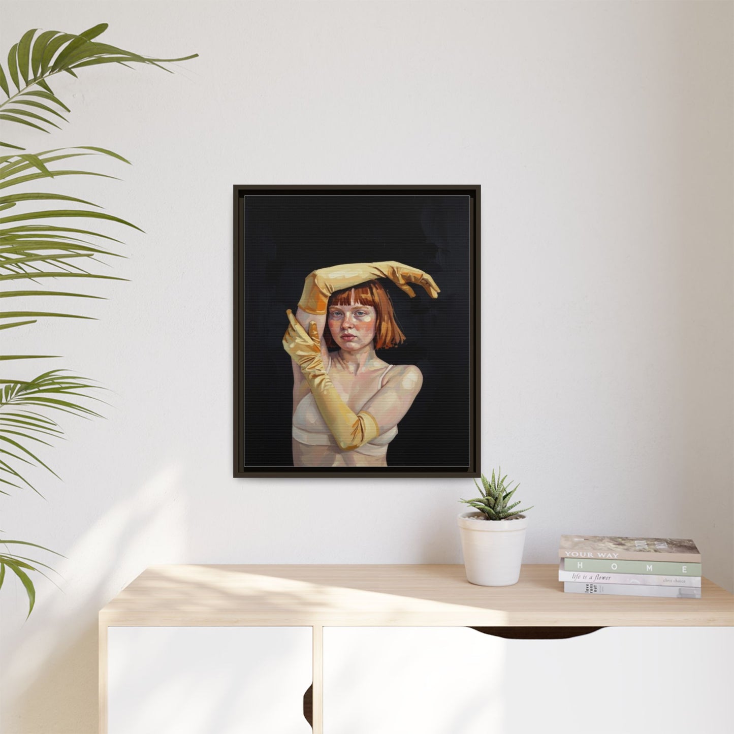 Framed Matte Canvas Art – Portrait of Woman in Yellow Gloves