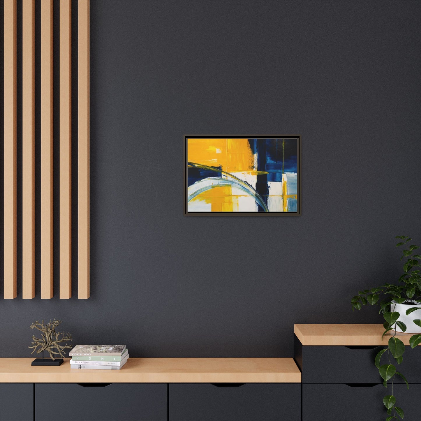 Abstract Yellow & Blue Framed Canvas Wall Art — Modern Matte Canvas Print