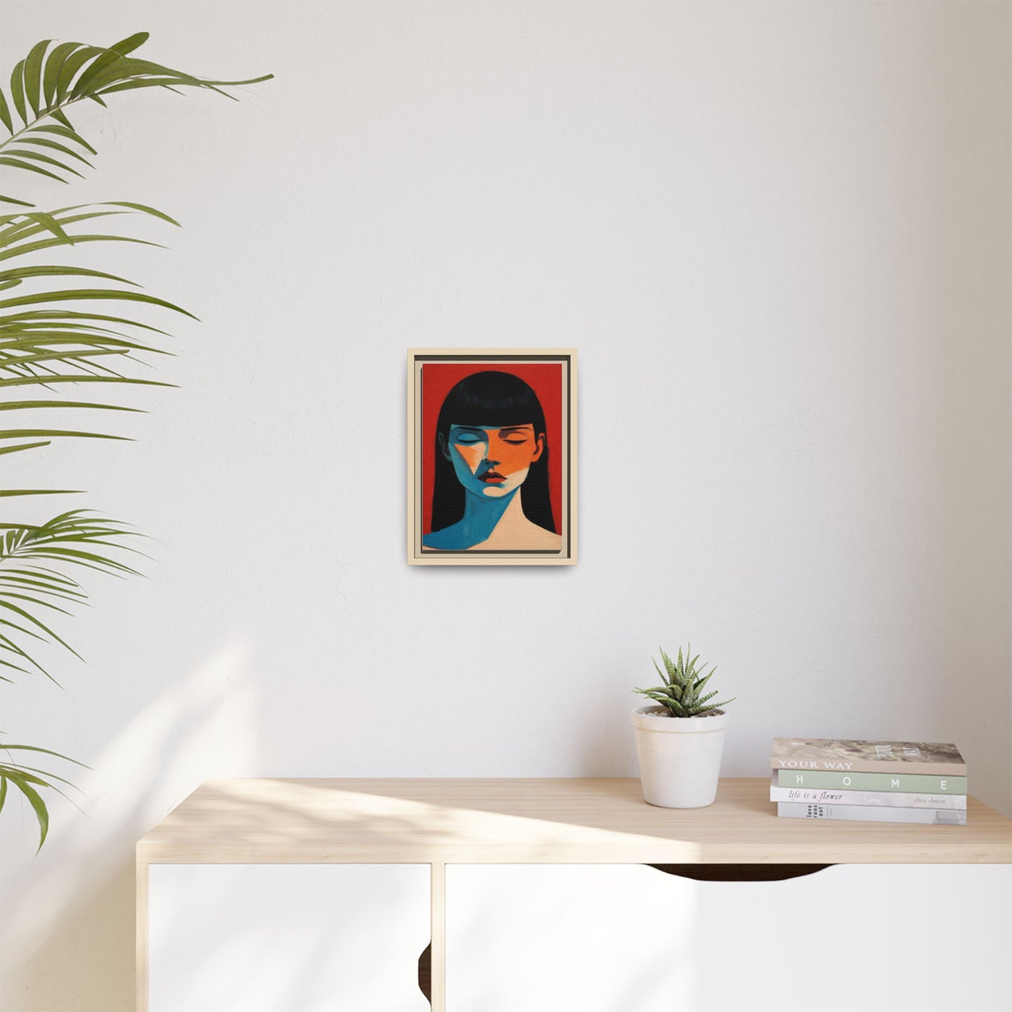 Framed Matte Canvas Art – Minimalist Portrait in Red & Teal