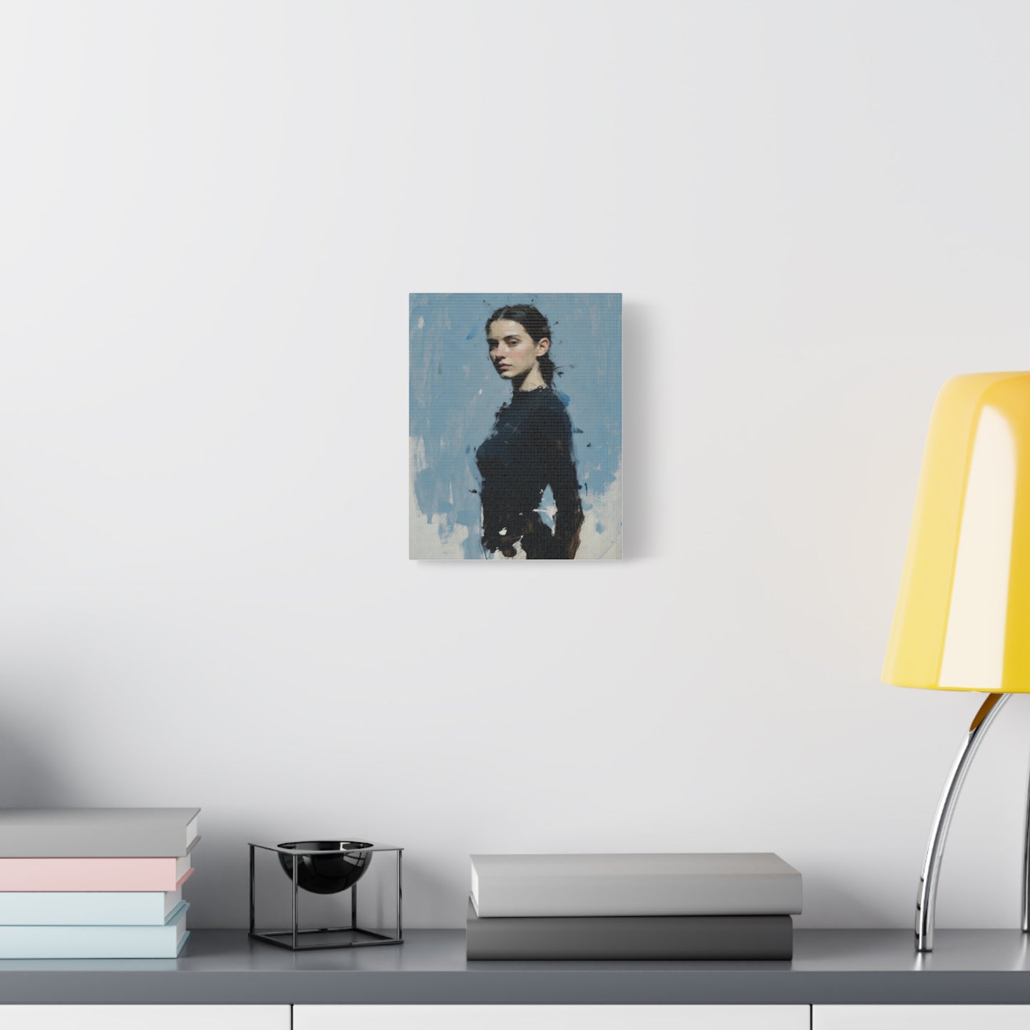 Matte Stretched Canvas Print — Portrait of a Young Woman, Moody Blue Figurative Art