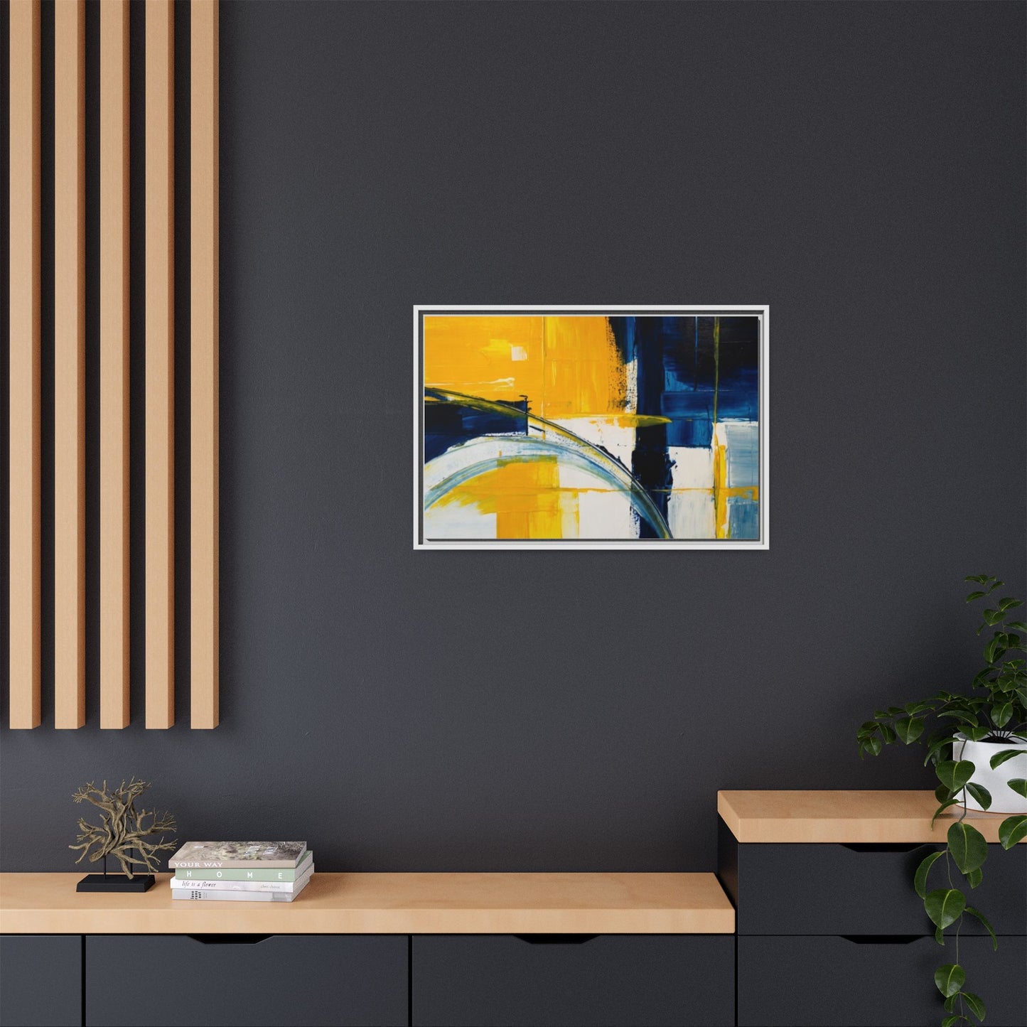 Abstract Yellow & Blue Framed Canvas Wall Art — Modern Matte Canvas Print