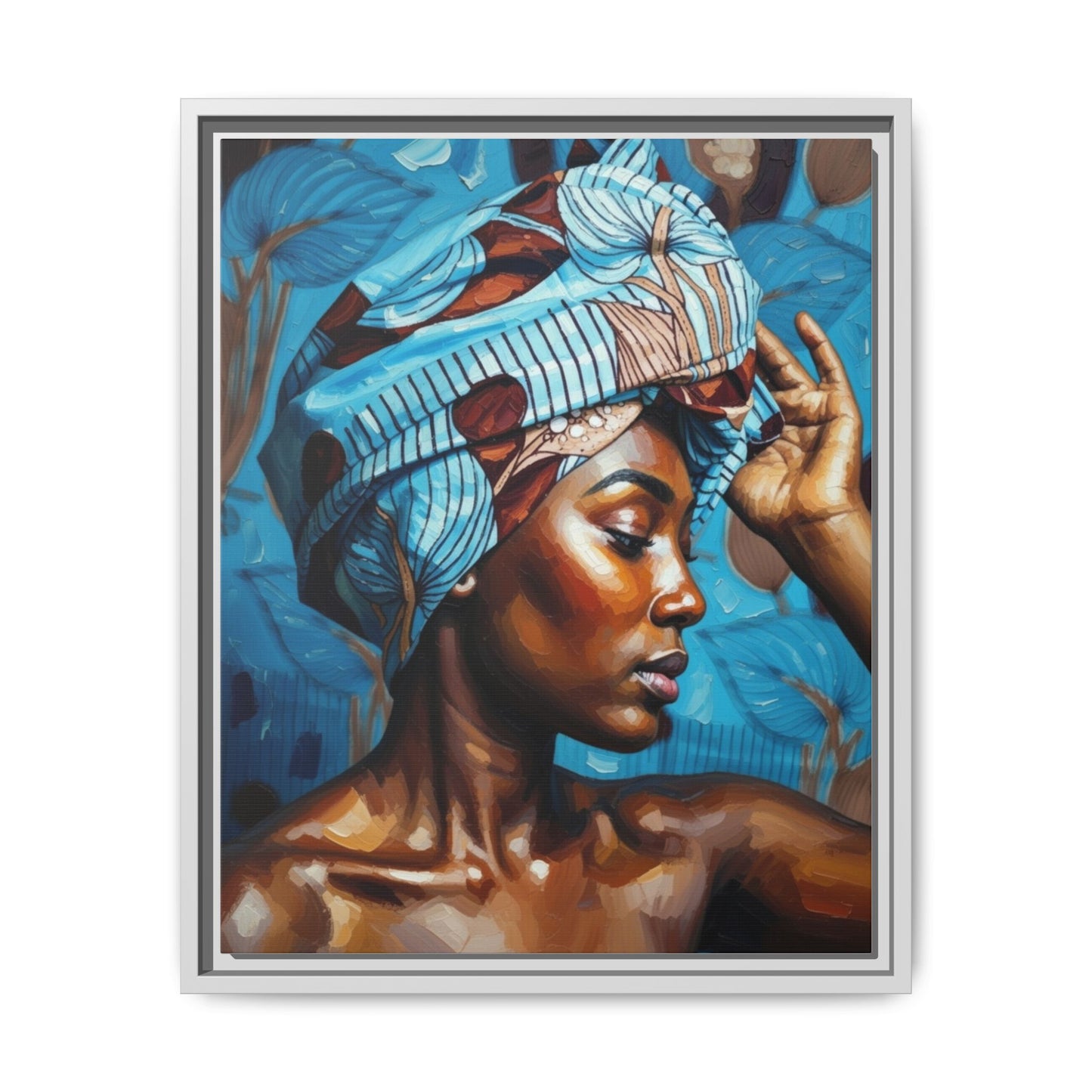 Framed Canvas Art — Portrait of Woman in Blue Headwrap