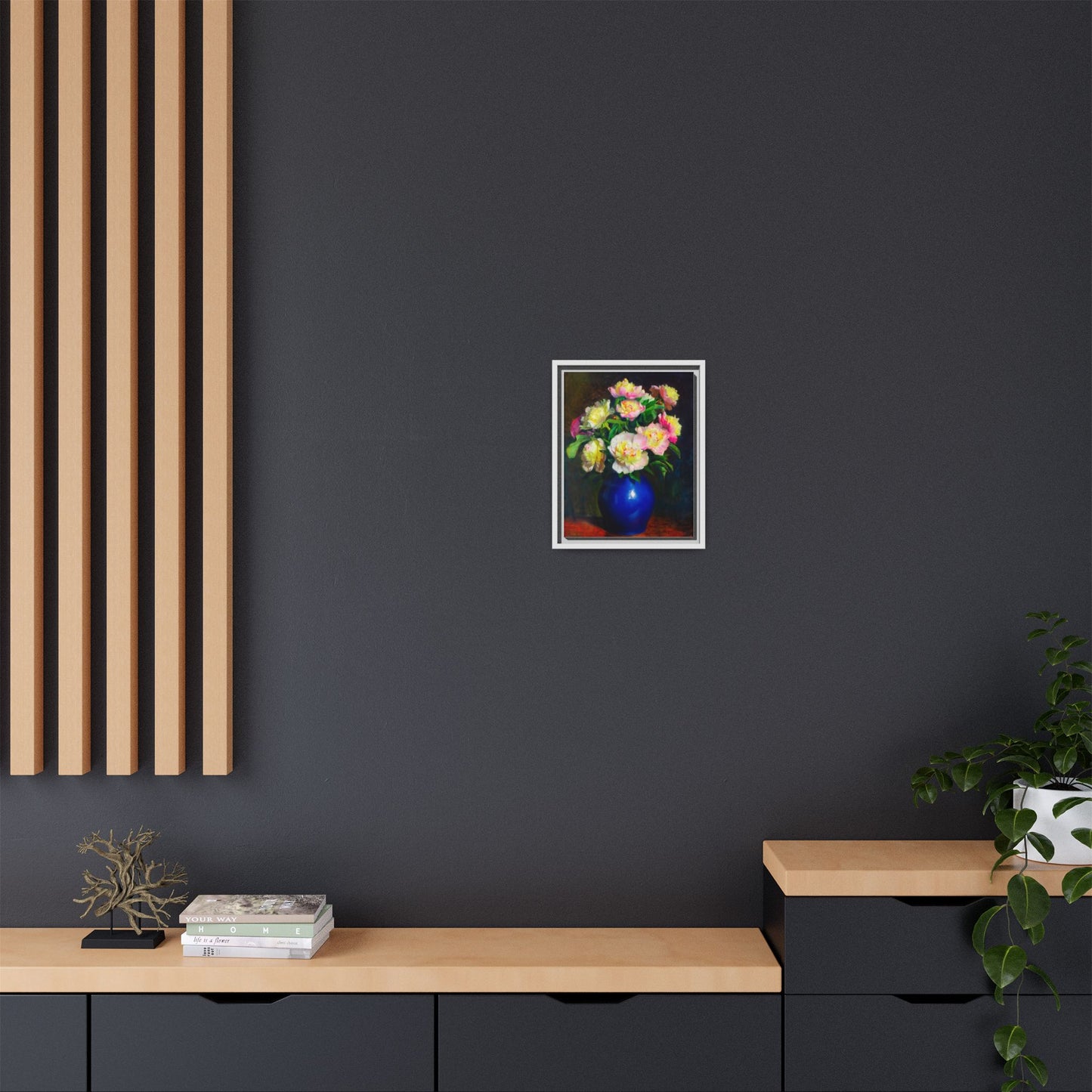 Framed Matte Canvas Wall Art — Vintage Floral Bouquet in Blue Vase