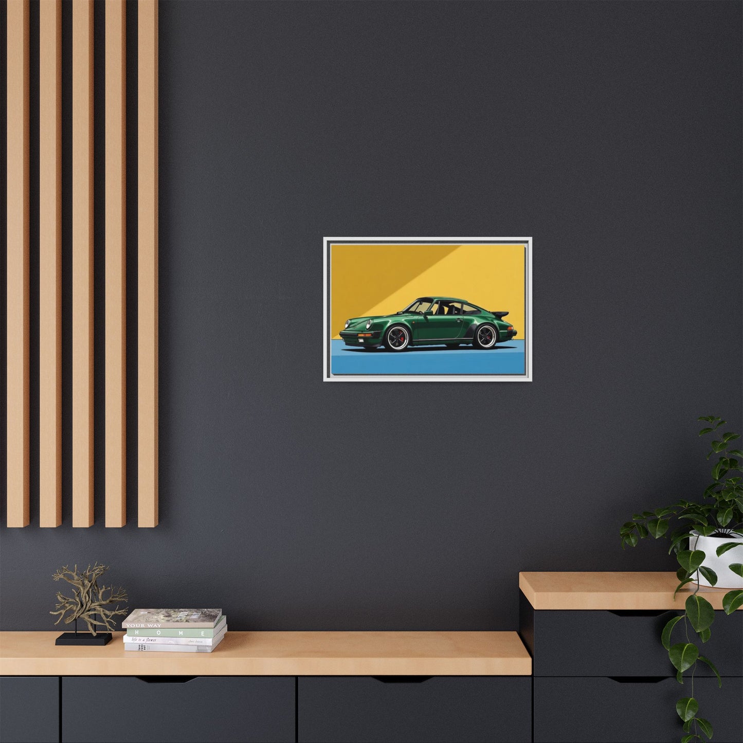 Framed Matte Canvas — Green Sports Car Wall Art