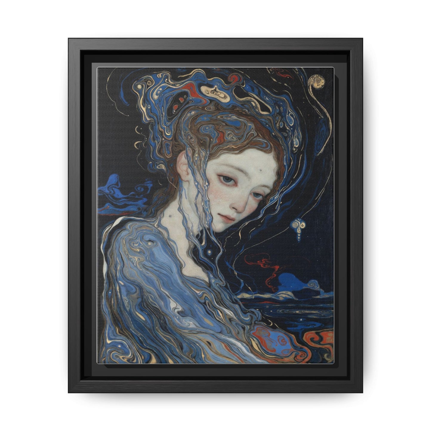 Framed Matte Canvas Art Print — Surreal Blue Maiden Portrait