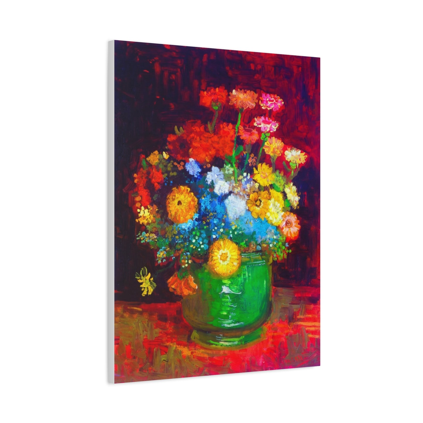 Floral Still Life Canvas Print — Vibrant Bouquet in Green Vase