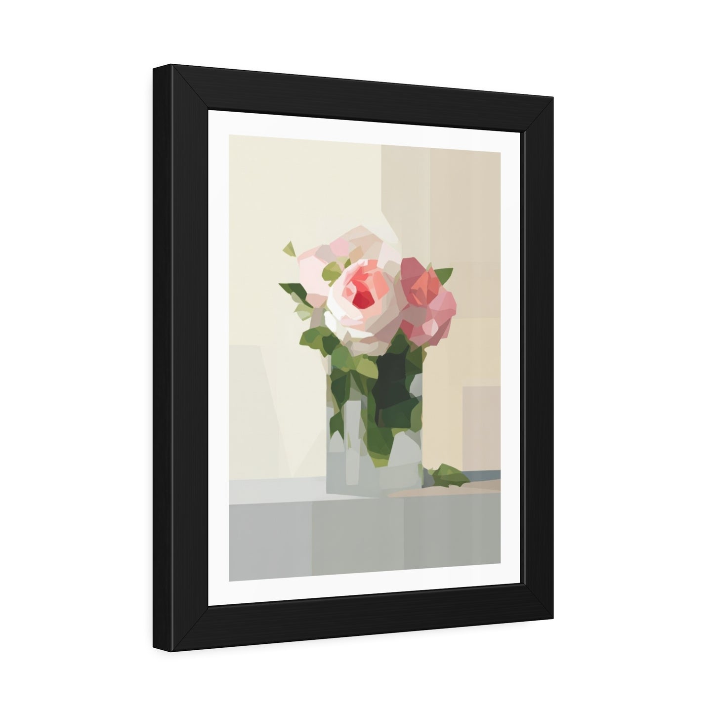 Framed Floral Poster — Geometric Pink Rose Wall Art