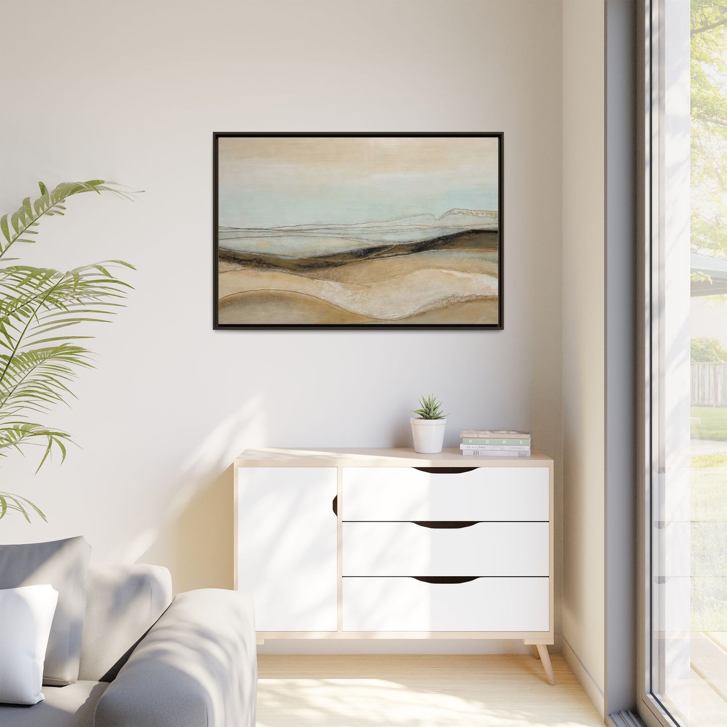 Framed Matte Canvas Wall Art — Neutral Abstract Landscape in Soft Blues & Earth Tones