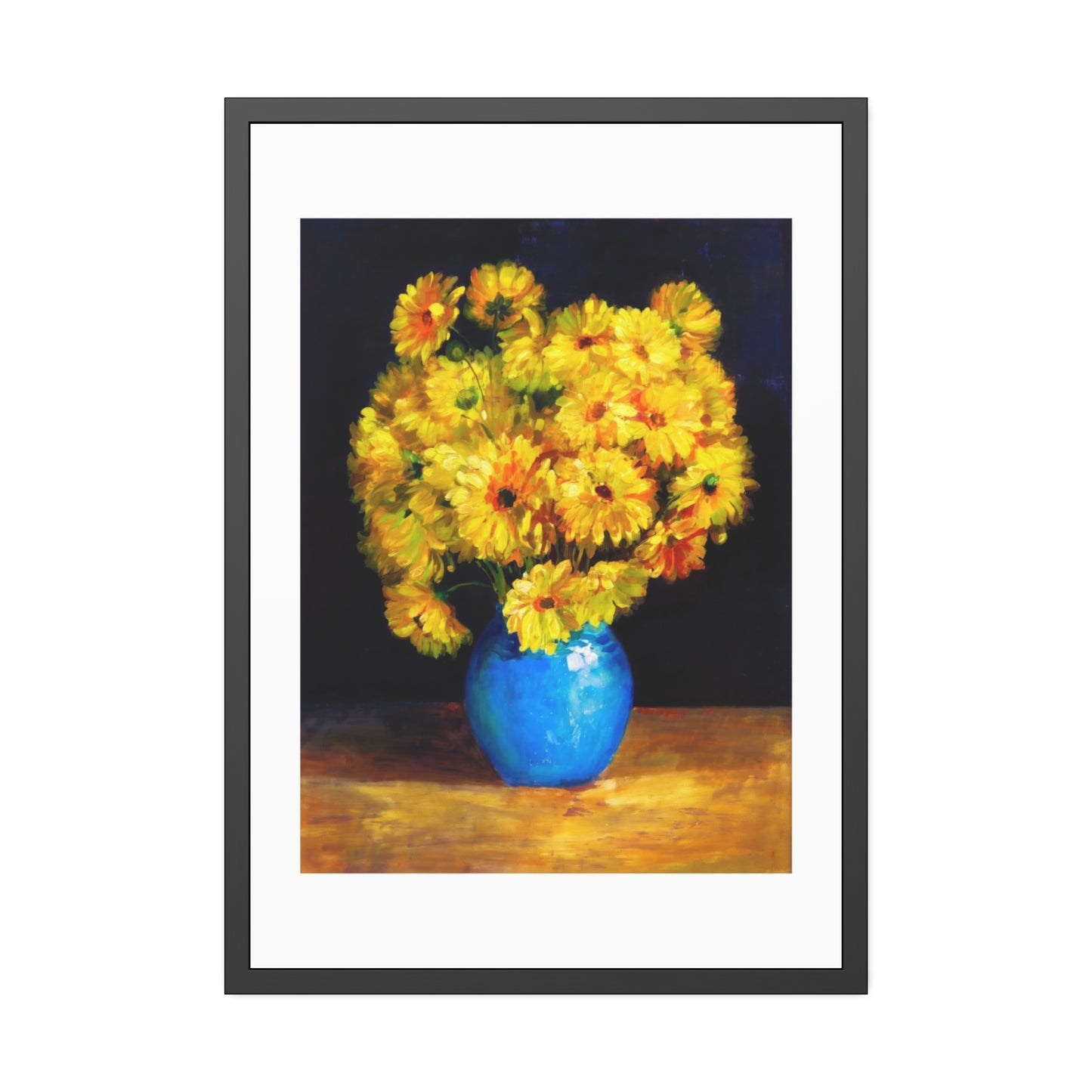 Framed Art Print — Yellow Daisy Bouquet in Blue Vase