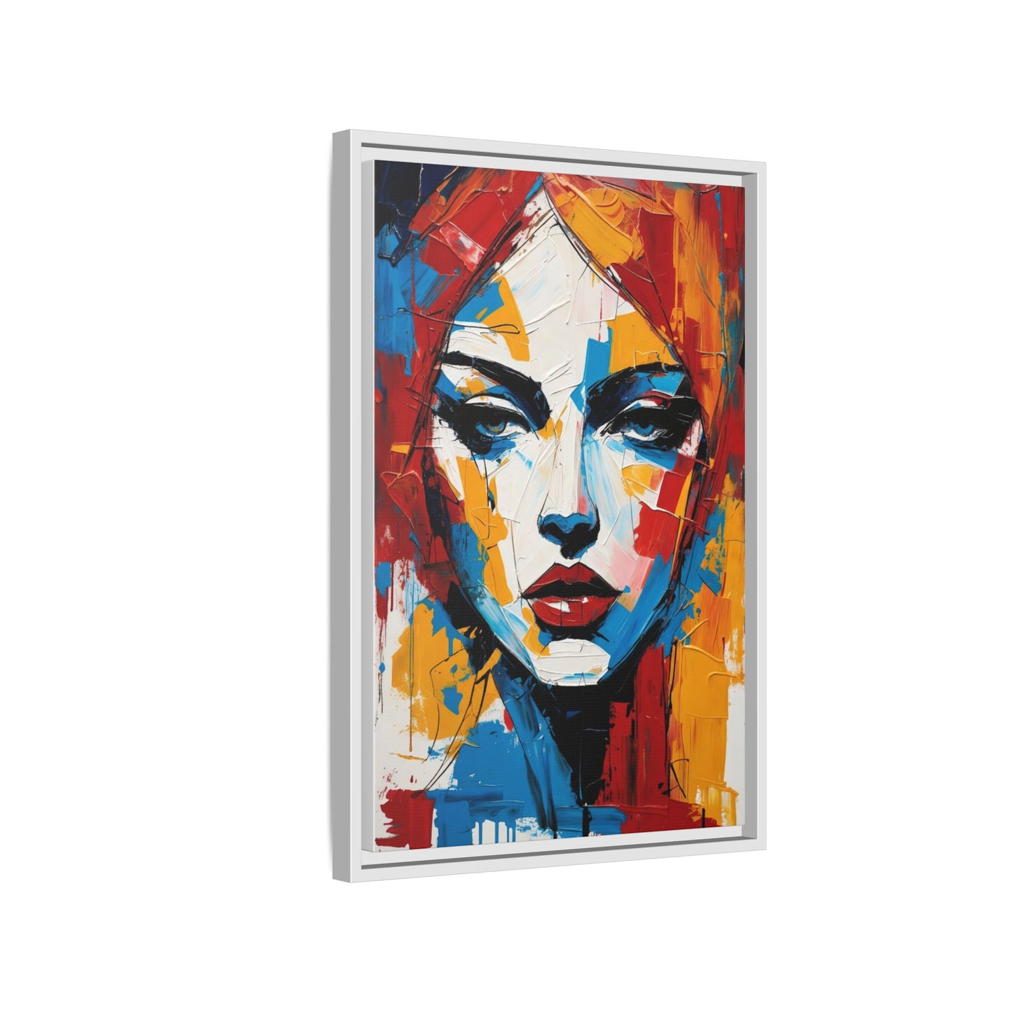 Framed Abstract Portrait Canvas — Colorful Female Face Wall Art