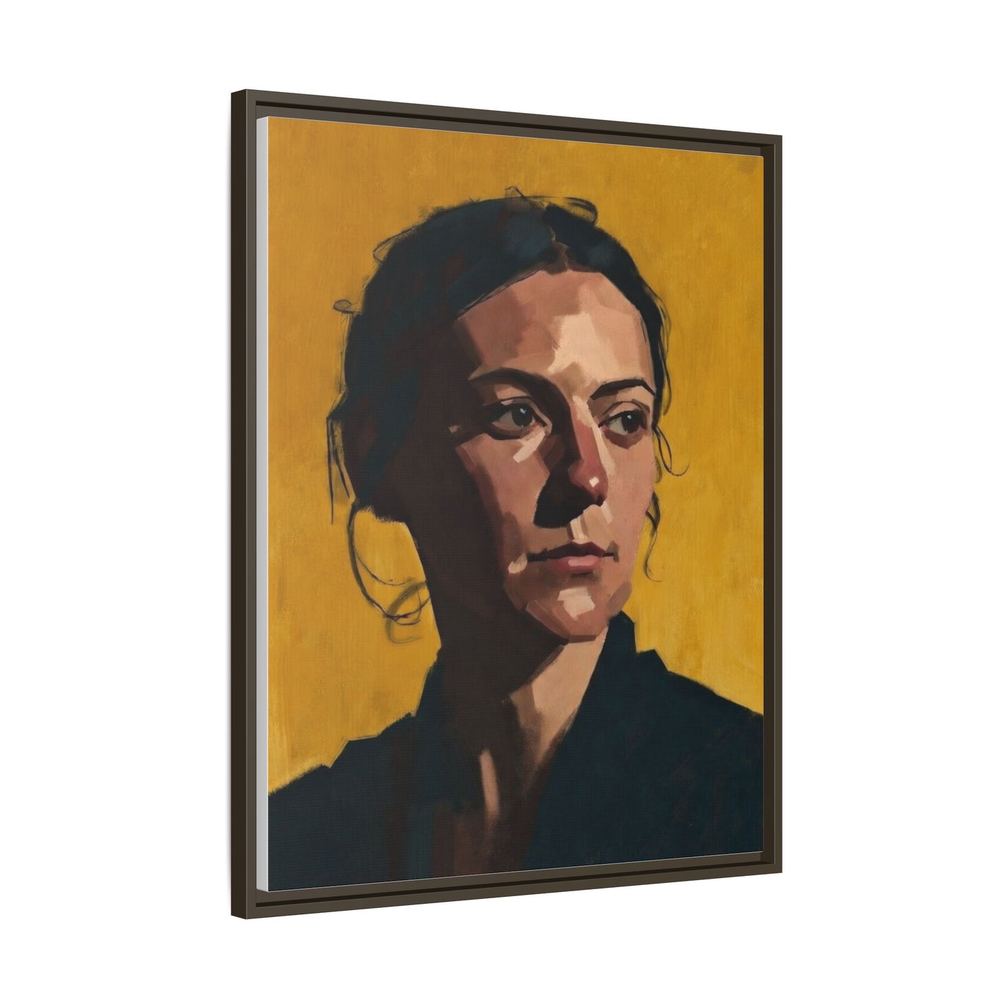 Framed Matte Canvas Portrait Art — Moody Woman on Mustard Background