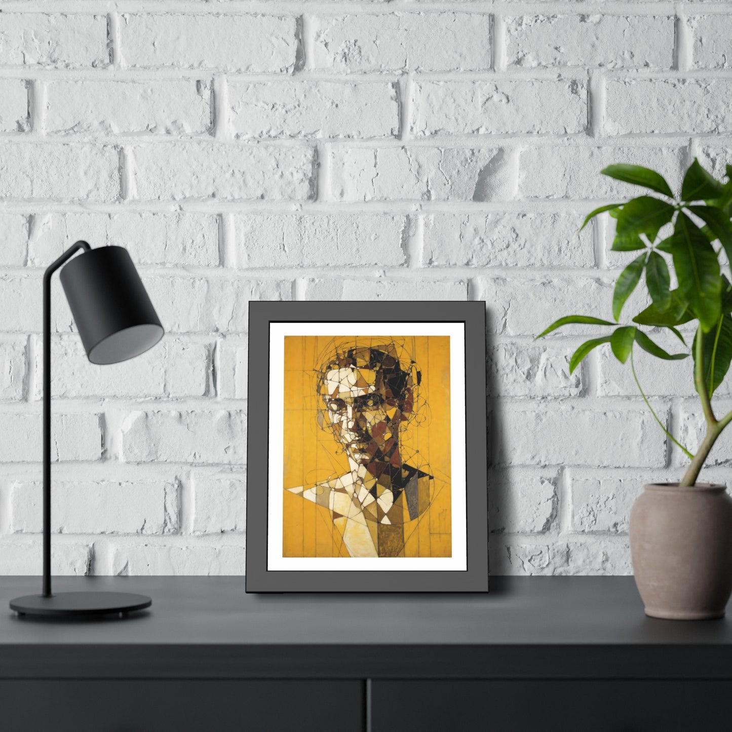 Framed Poster — Abstract Geometric Portrait on Mustard Yellow