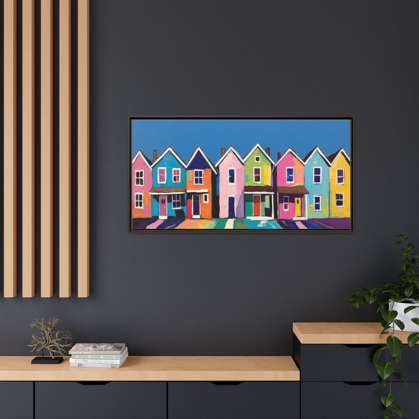 Colorful Beach Houses Matte Canvas Framed Wall Art