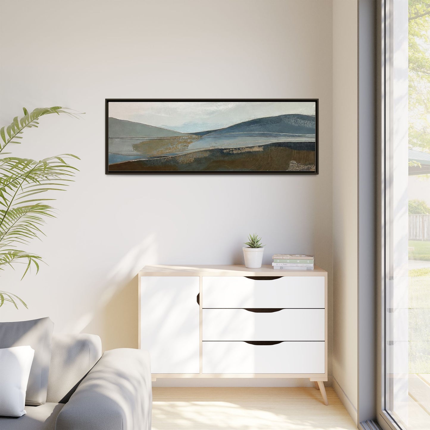 Framed Matte Canvas Landscape Art - Serene Abstract Hills in Blue & Earth Tones