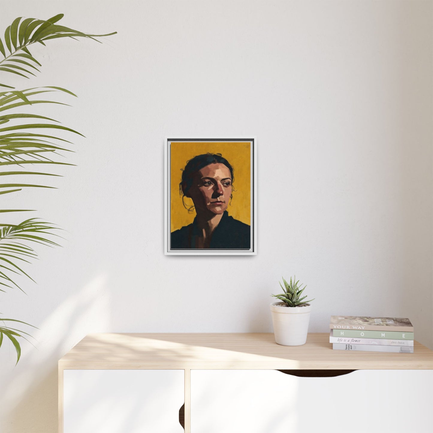 Framed Matte Canvas Portrait Art — Moody Woman on Mustard Background
