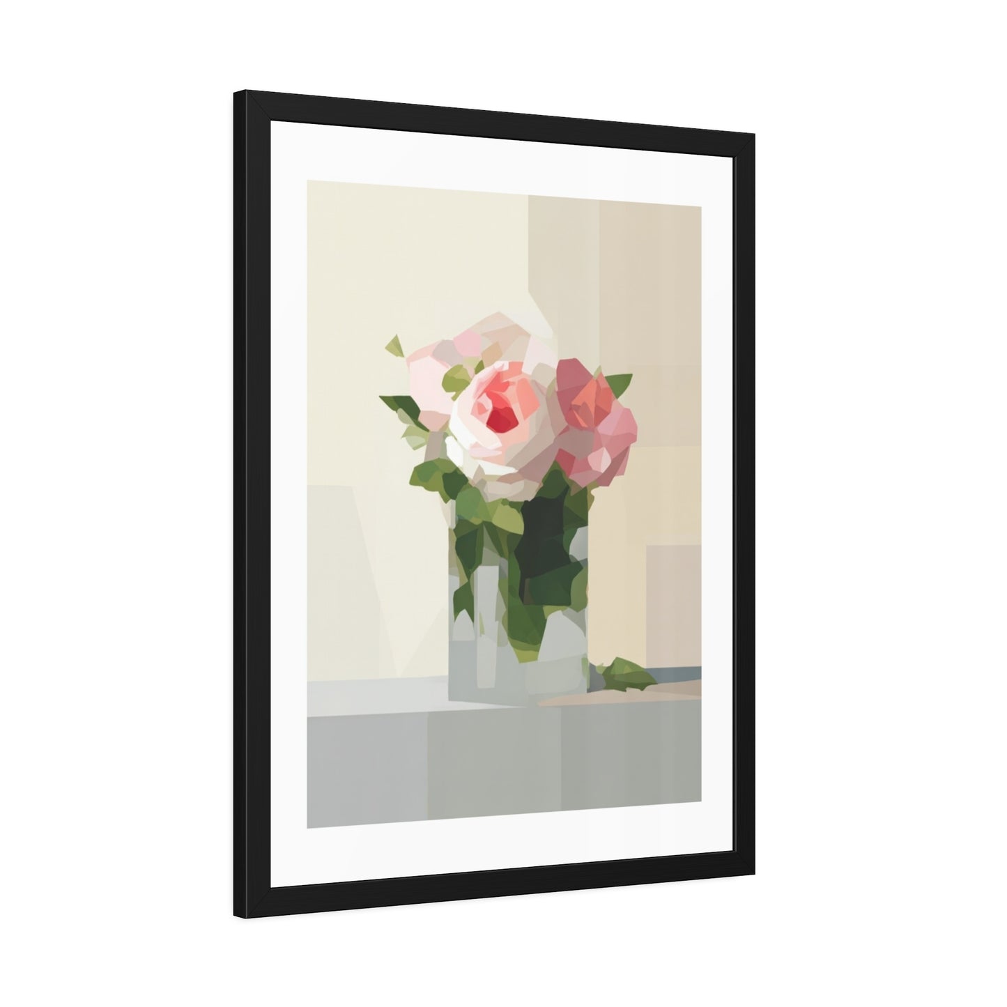 Framed Floral Poster — Geometric Pink Rose Wall Art