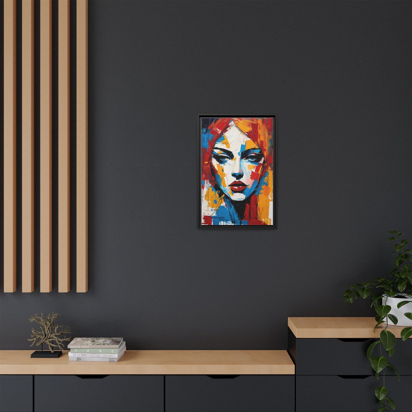 Framed Abstract Portrait Canvas — Colorful Female Face Wall Art