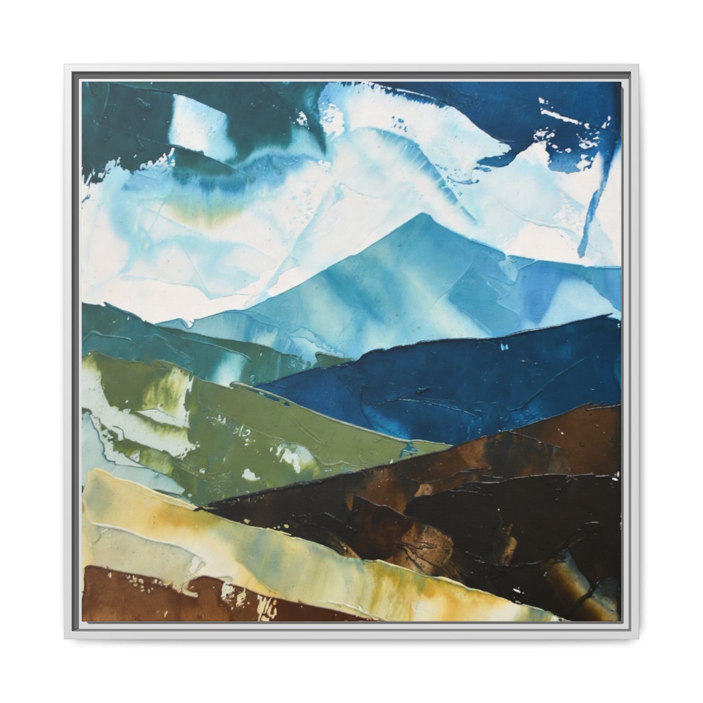 Framed Abstract Mountain Canvas Art — Blue & Earthtone Landscape Print