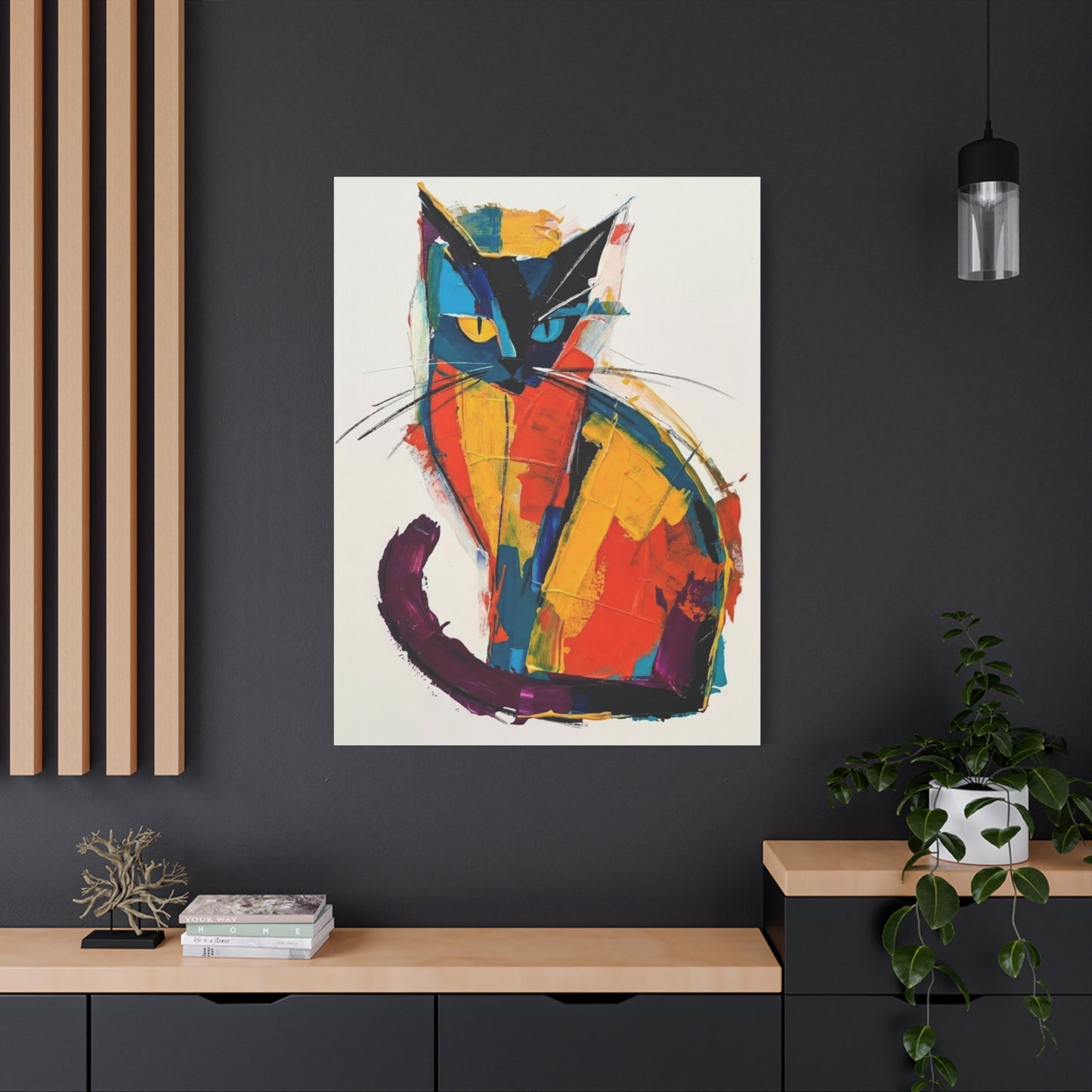 Colorful Abstract Cat Canvas Art - Modern Stretched Matte Wall Decor