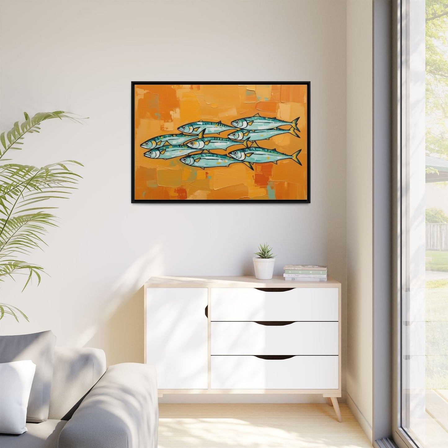 Framed Matte Canvas Print — School of Blue Fish on Orange Abstract Background
