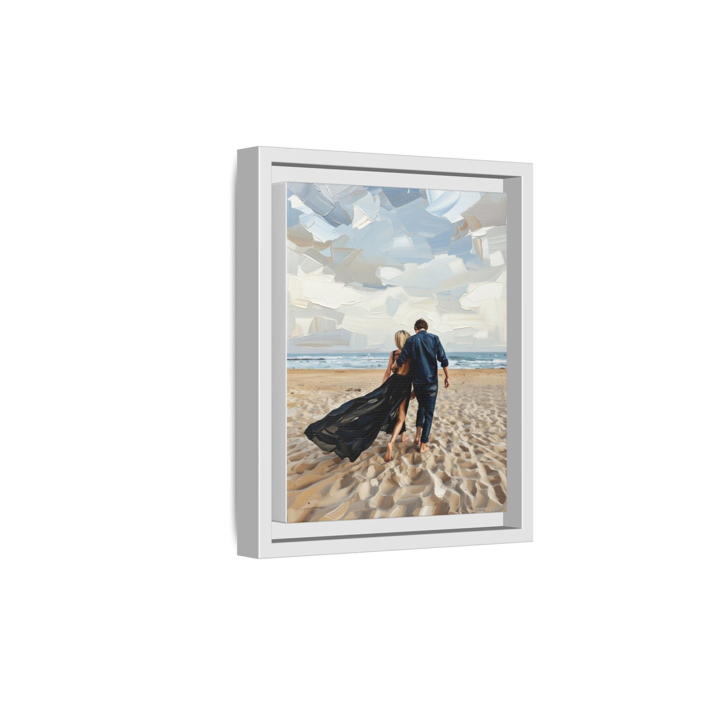 Framed Canvas Wall Art — Romantic Couple Walking on Beach Print
