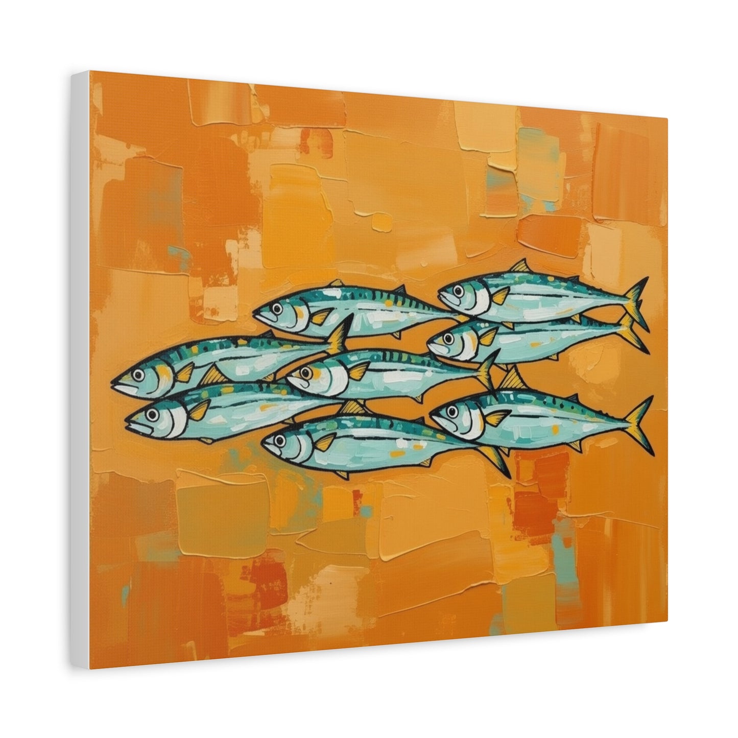 School of Mackerel Canvas Wall Art — Nautical Fish Painting on Orange Background