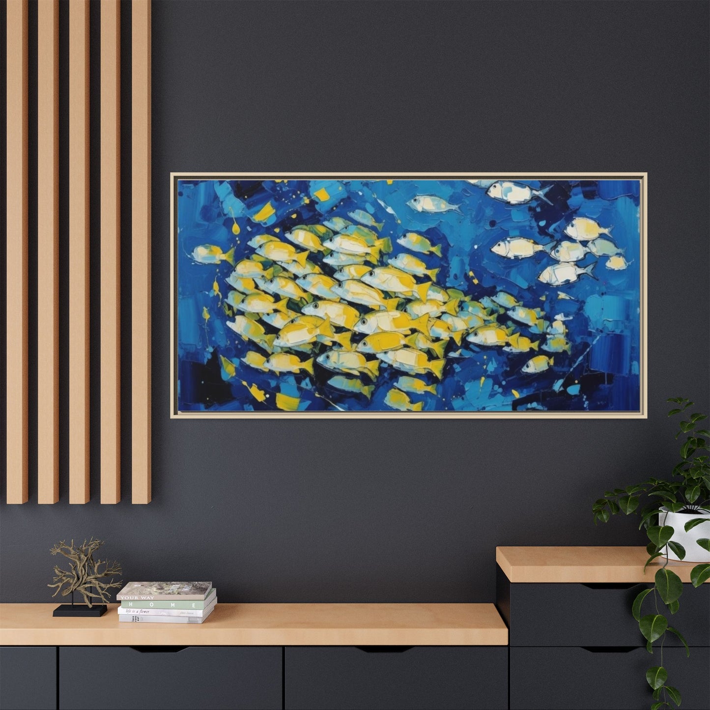 Framed Matte Canvas: Blue School of Fish Wall Art