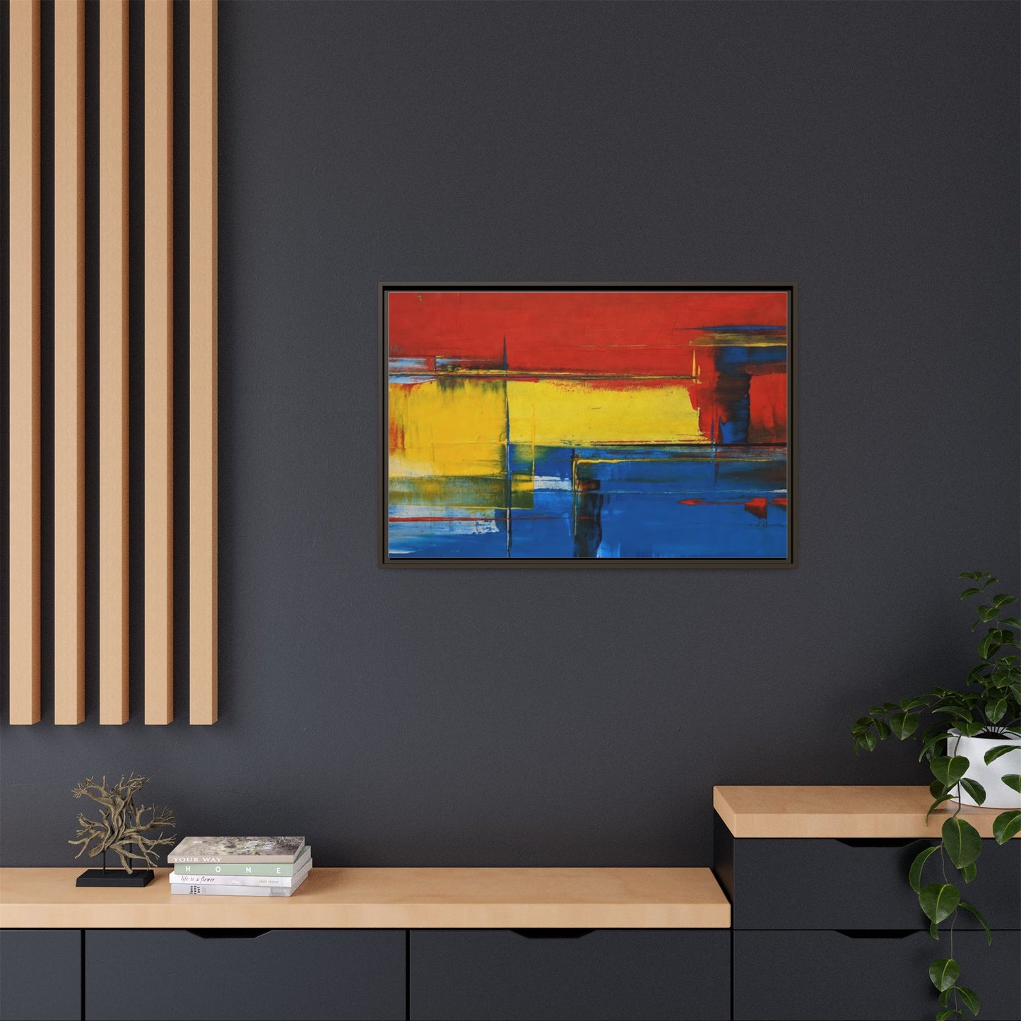Abstract Color Block Matte Canvas Framed Wall Art — Modern Red Yellow Blue Painting