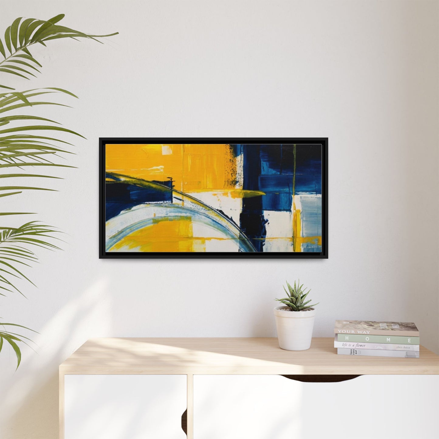 Abstract Yellow & Blue Framed Canvas Wall Art — Modern Matte Canvas Print