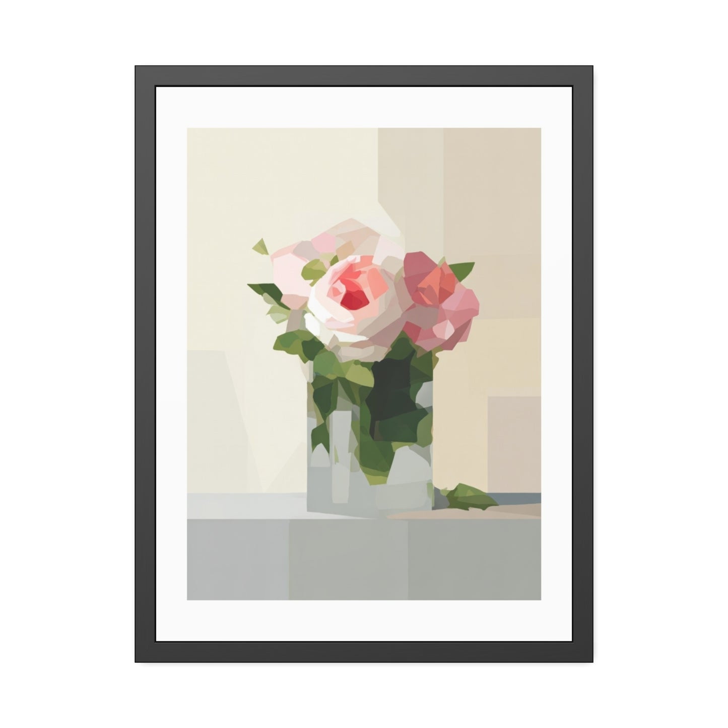 Framed Floral Poster — Geometric Pink Rose Wall Art