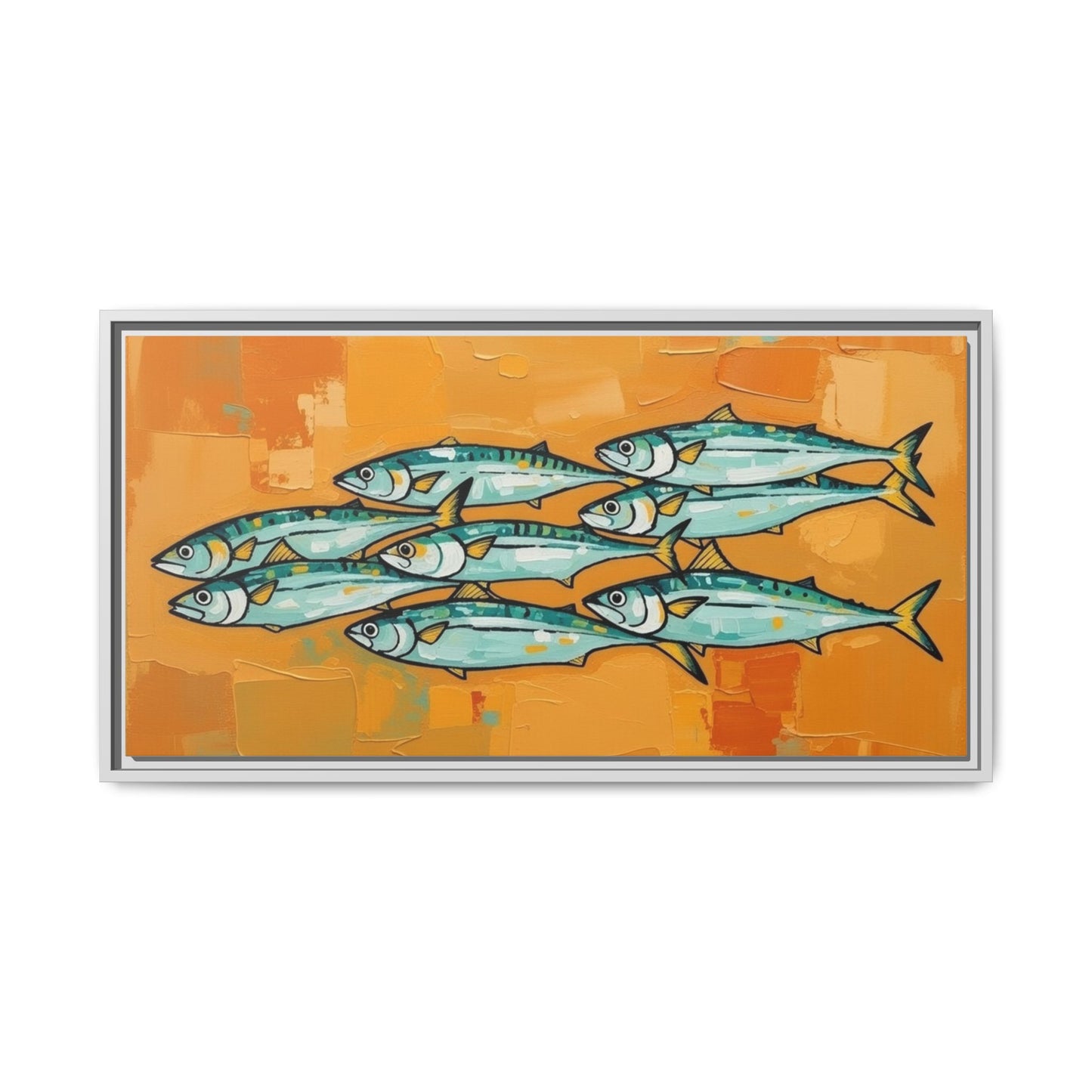 Framed Matte Canvas Print — School of Blue Fish on Orange Abstract Background