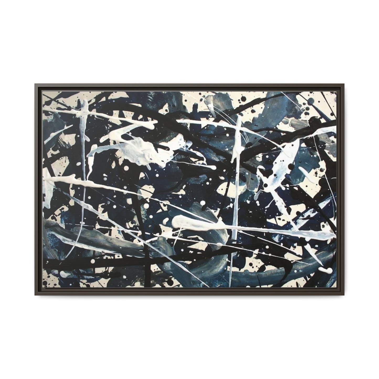 Abstract Splatter Matte Canvas Framed Wall Art — Black & Blue Modern Art Print