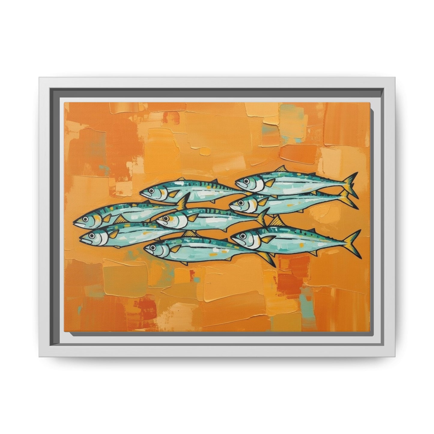 Framed Matte Canvas Print — School of Blue Fish on Orange Abstract Background