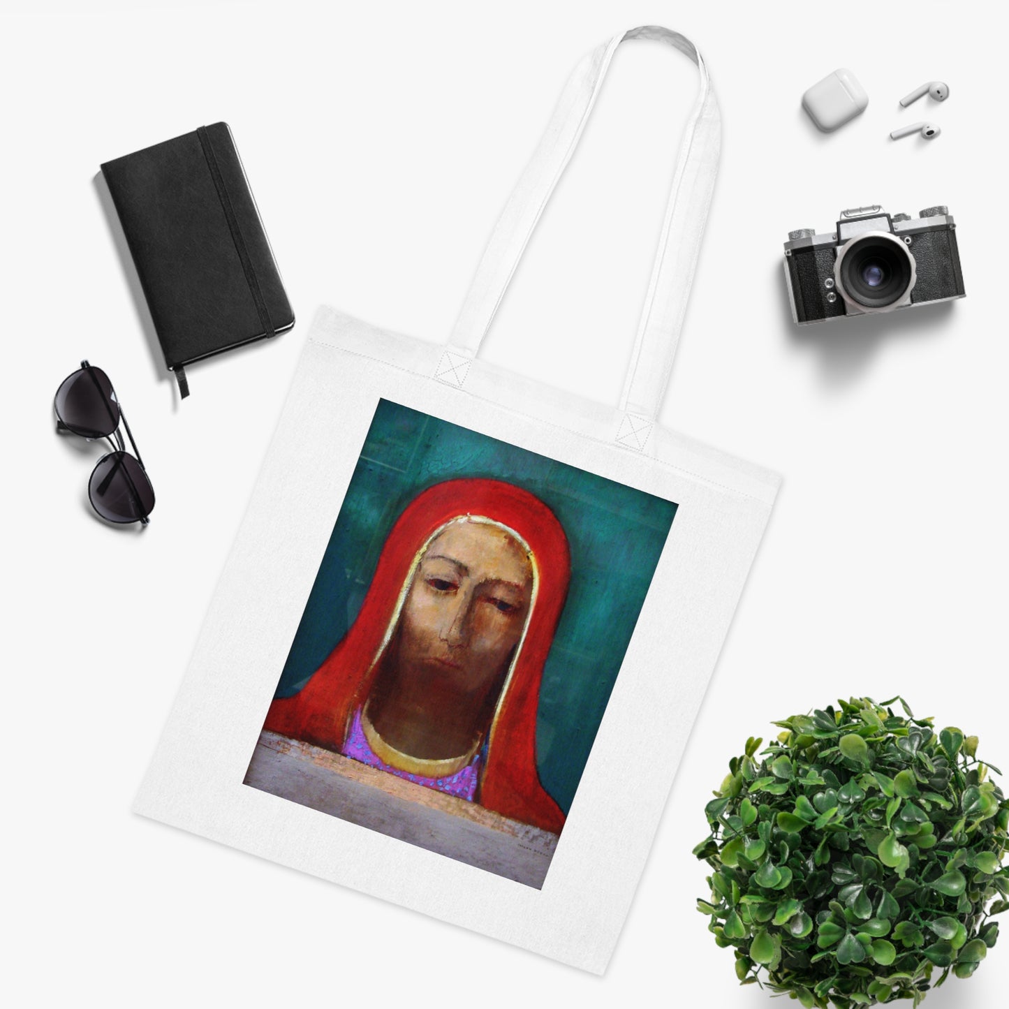 Art Portrait Tote Bag — Serene Red-Hooded Figure Canvas Cotton Tote