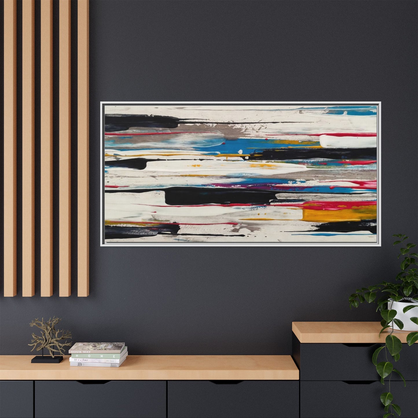 Abstract Multi-Color Framed Canvas Wall Art — Modern Horizontal Brushstroke Print