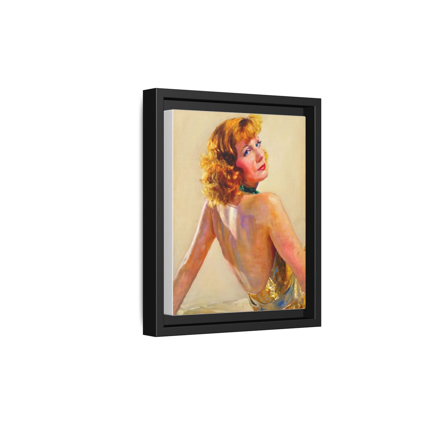Framed Matte Canvas Print — Vintage Portrait of Redhead Greta Garbo in Gold Dress