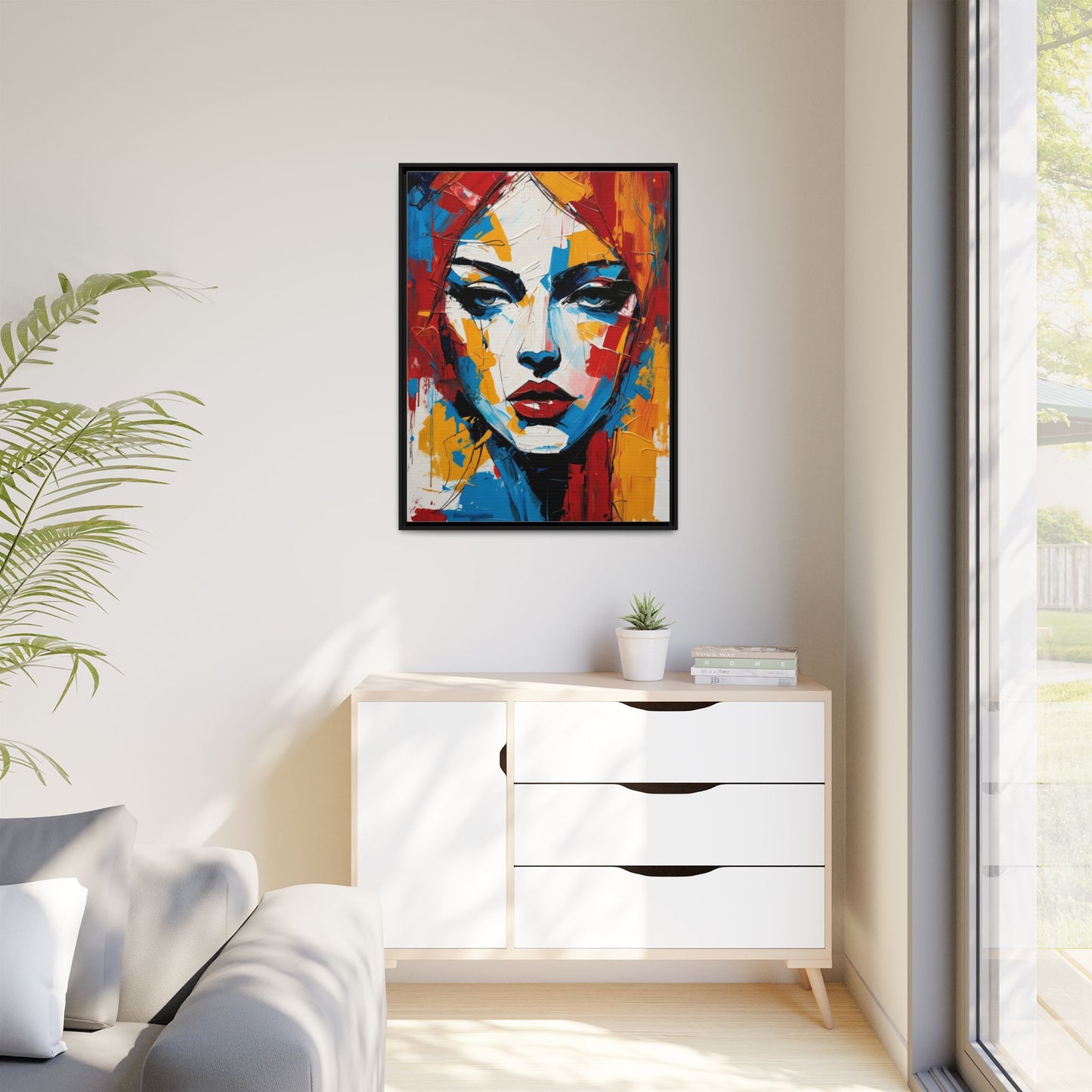 Framed Abstract Portrait Canvas — Colorful Female Face Wall Art