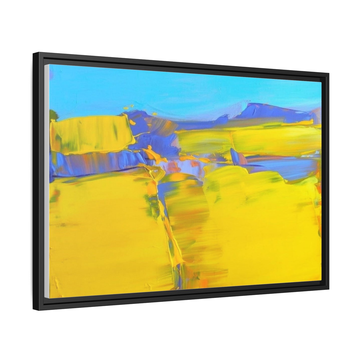 Framed Matte Canvas  Vibrant Yellow Blue Abstract Landscape Art