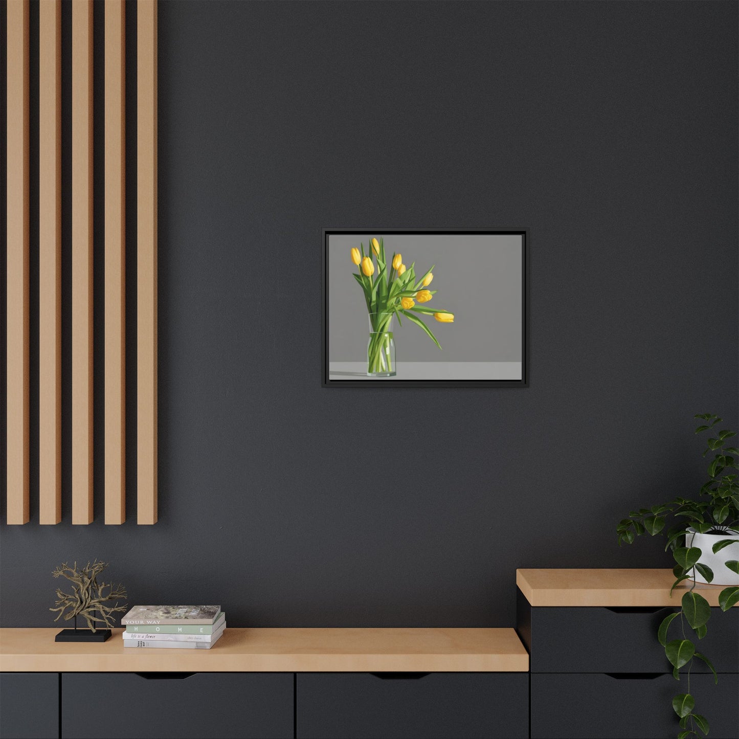 Framed Matte Canvas Art — Yellow Tulip Vase Wall Print